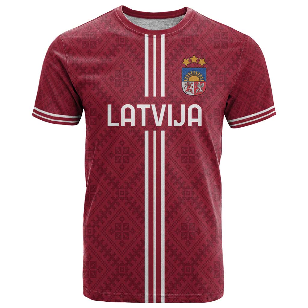 Custom Latvia Football T Shirt Latvijas Go Champion Folk Pattern
