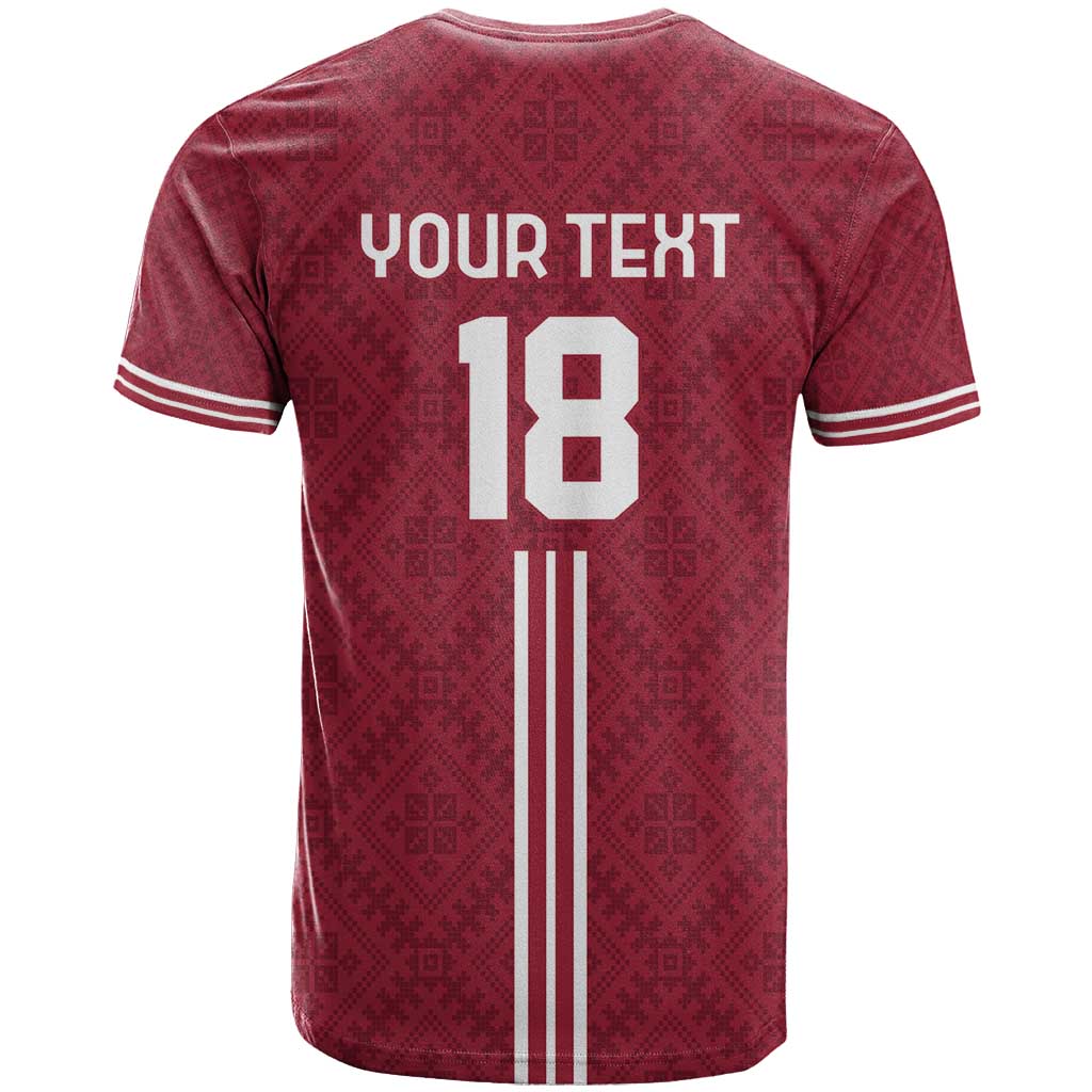 Custom Latvia Football T Shirt Latvijas Go Champion Folk Pattern