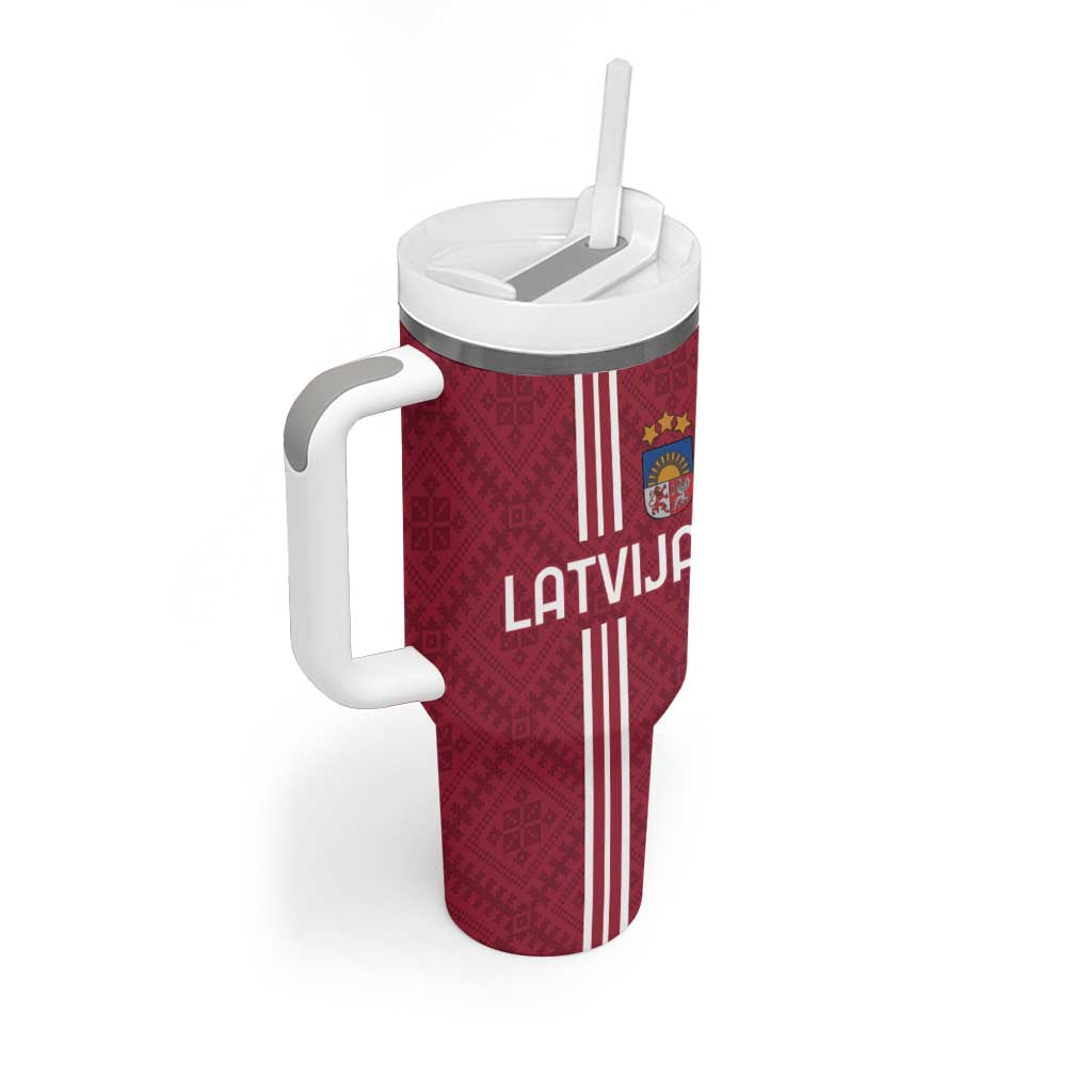 Custom Latvia Football Tumbler With Handle Latvijas Go Champion Folk Pattern