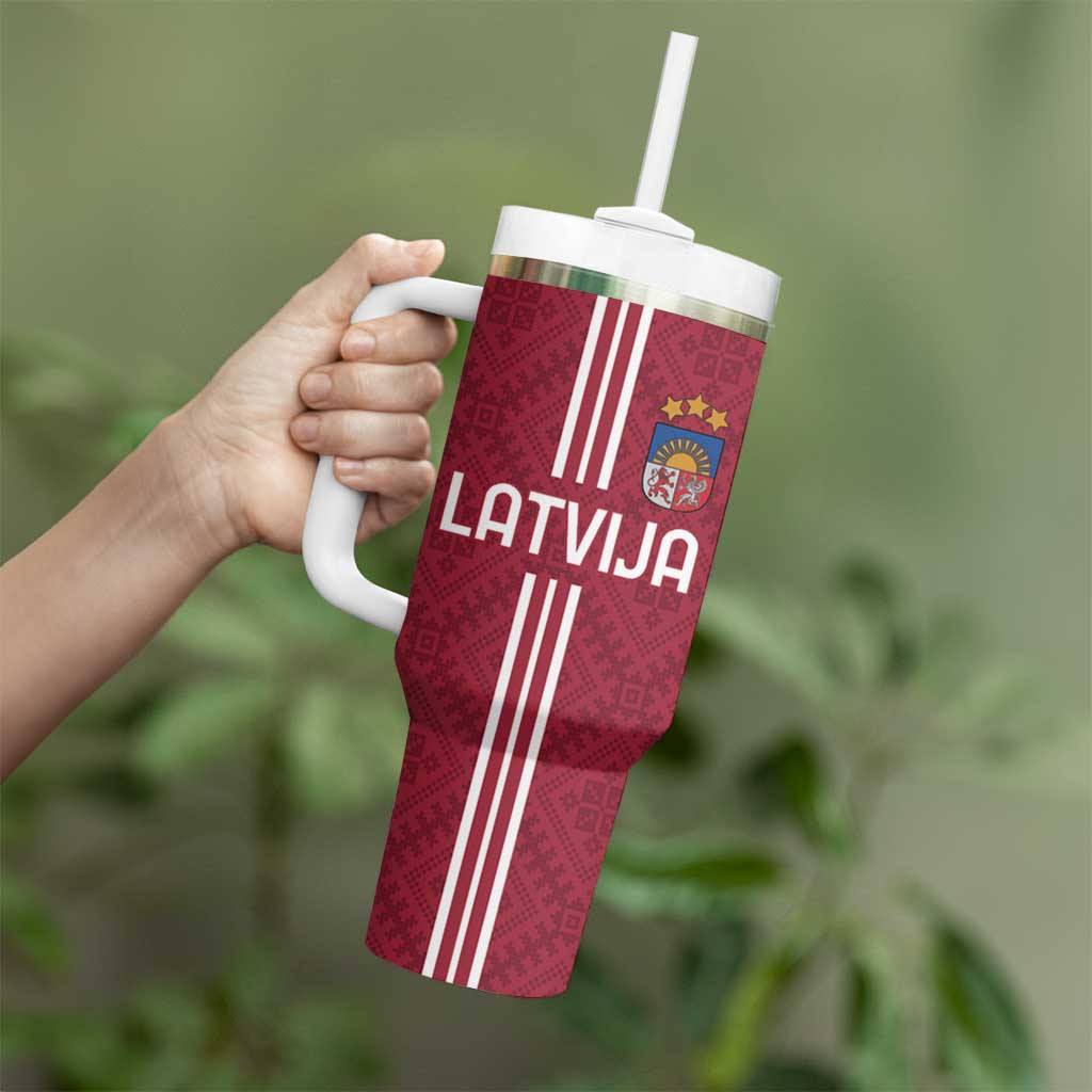 Custom Latvia Football Tumbler With Handle Latvijas Go Champion Folk Pattern