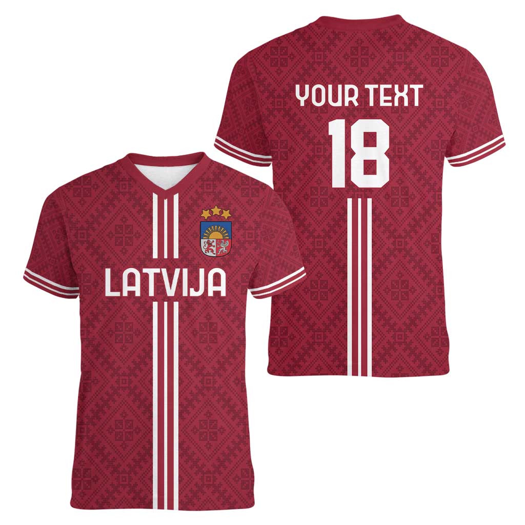 Custom Latvia Football Women V-Neck T-Shirt Latvijas Go Champion Folk Pattern