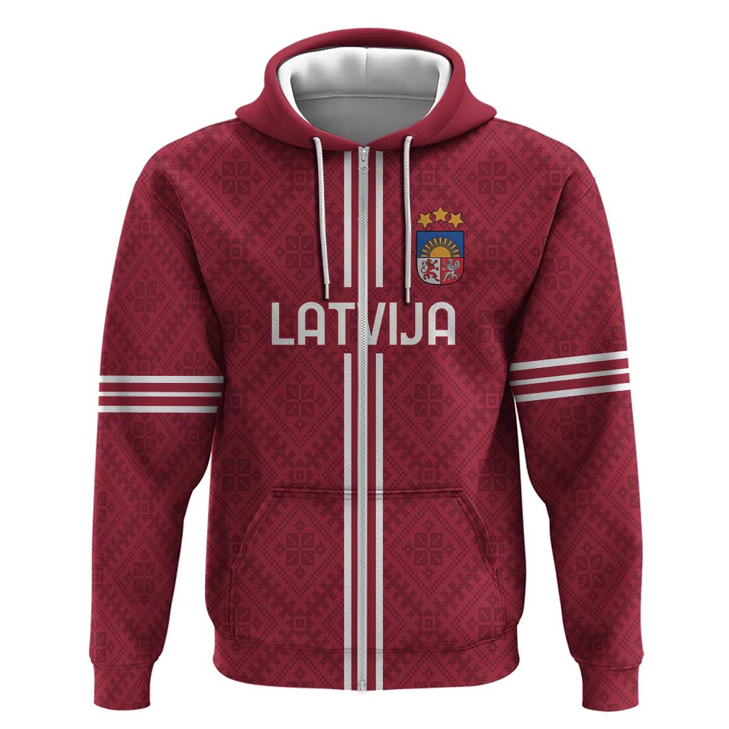 Custom Latvia Football Zip Hoodie Latvijas Go Champion Folk Pattern