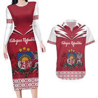 Personalized Latvia Couples Matching Long Sleeve Bodycon Dress and Hawaiian Shirt Latvijas Republika Folk Pattern