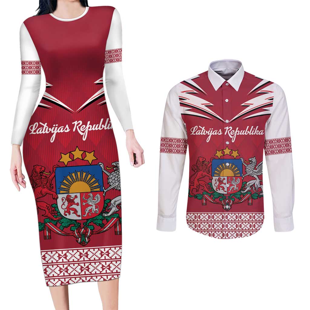 Personalized Latvia Couples Matching Long Sleeve Bodycon Dress and Long Sleeve Button Shirt Latvijas Republika Folk Pattern