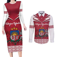 Personalized Latvia Couples Matching Long Sleeve Bodycon Dress and Long Sleeve Button Shirt Latvijas Republika Folk Pattern