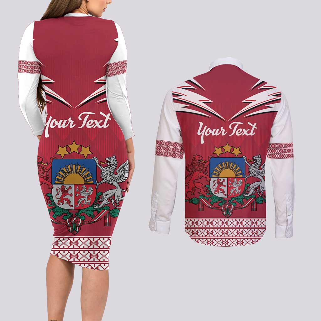 Personalized Latvia Couples Matching Long Sleeve Bodycon Dress and Long Sleeve Button Shirt Latvijas Republika Folk Pattern