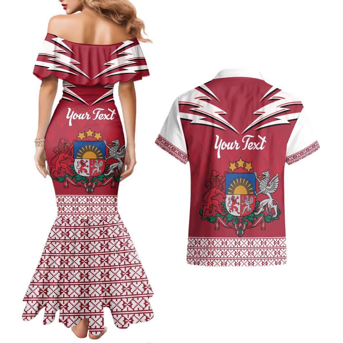 Personalized Latvia Couples Matching Mermaid Dress and Hawaiian Shirt Latvijas Republika Folk Pattern