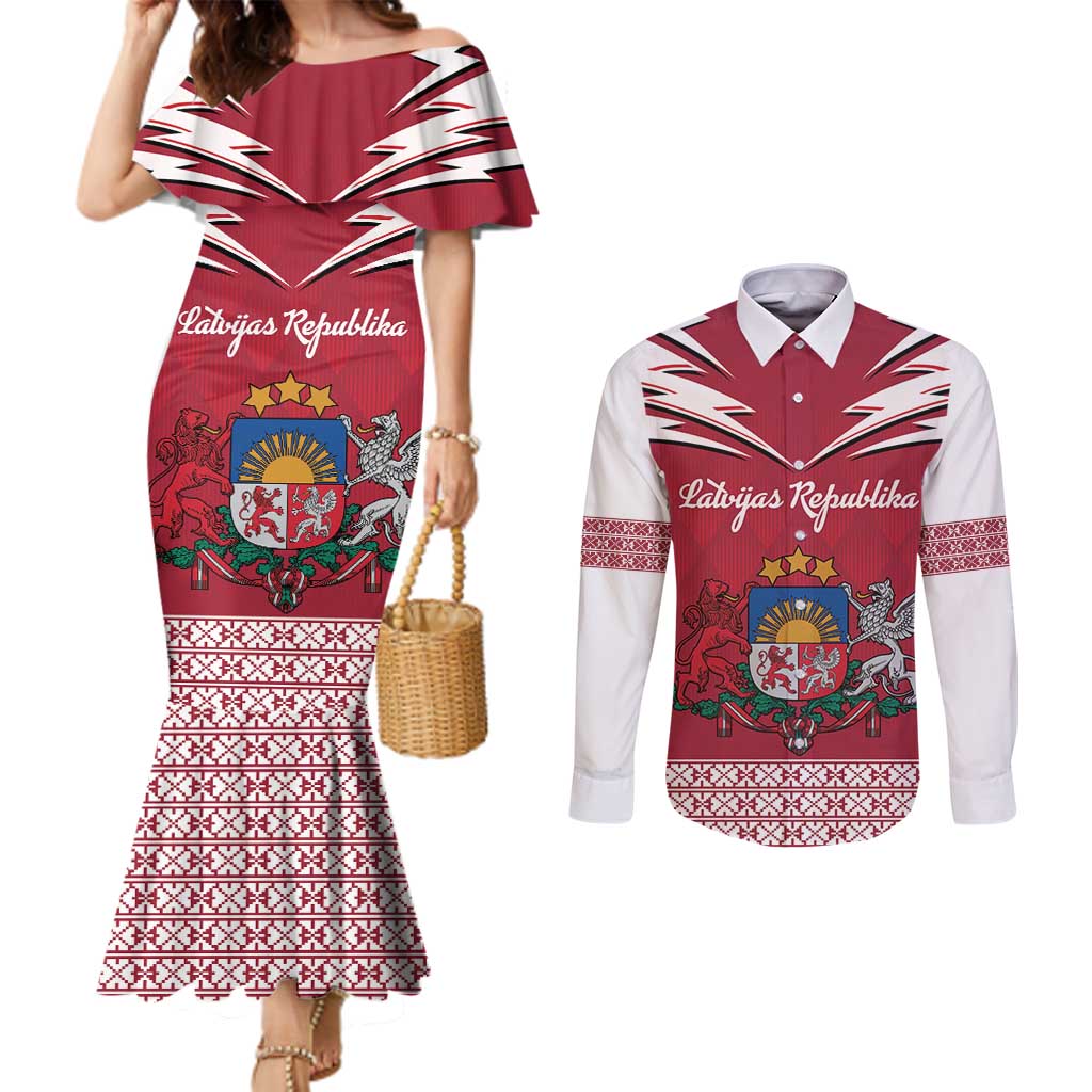 Personalized Latvia Couples Matching Mermaid Dress and Long Sleeve Button Shirt Latvijas Republika Folk Pattern