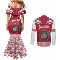 Personalized Latvia Couples Matching Mermaid Dress and Long Sleeve Button Shirt Latvijas Republika Folk Pattern