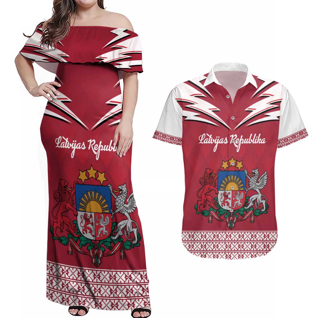Personalized Latvia Couples Matching Off Shoulder Maxi Dress and Hawaiian Shirt Latvijas Republika Folk Pattern