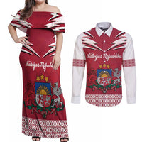 Personalized Latvia Couples Matching Off Shoulder Maxi Dress and Long Sleeve Button Shirt Latvijas Republika Folk Pattern
