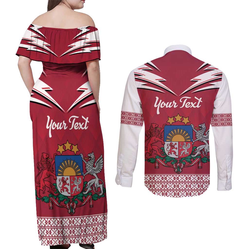 Personalized Latvia Couples Matching Off Shoulder Maxi Dress and Long Sleeve Button Shirt Latvijas Republika Folk Pattern