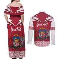 Personalized Latvia Couples Matching Off Shoulder Maxi Dress and Long Sleeve Button Shirt Latvijas Republika Folk Pattern