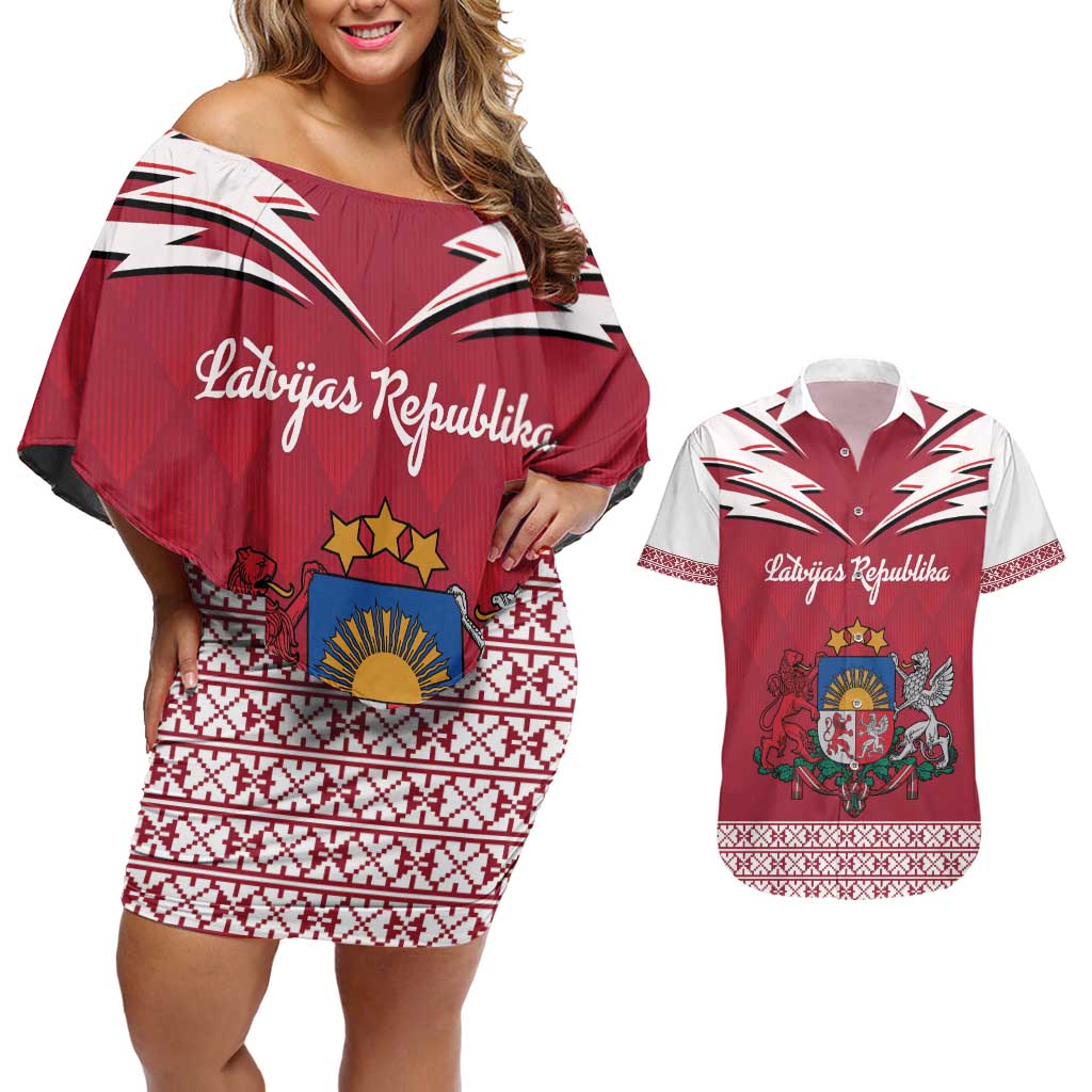 Personalized Latvia Couples Matching Off Shoulder Short Dress and Hawaiian Shirt Latvijas Republika Folk Pattern