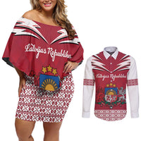 Personalized Latvia Couples Matching Off Shoulder Short Dress and Long Sleeve Button Shirt Latvijas Republika Folk Pattern