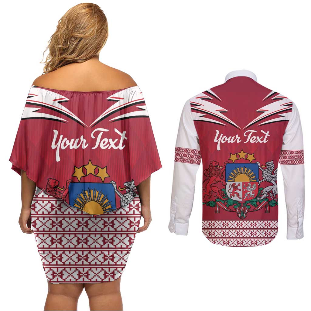 Personalized Latvia Couples Matching Off Shoulder Short Dress and Long Sleeve Button Shirt Latvijas Republika Folk Pattern