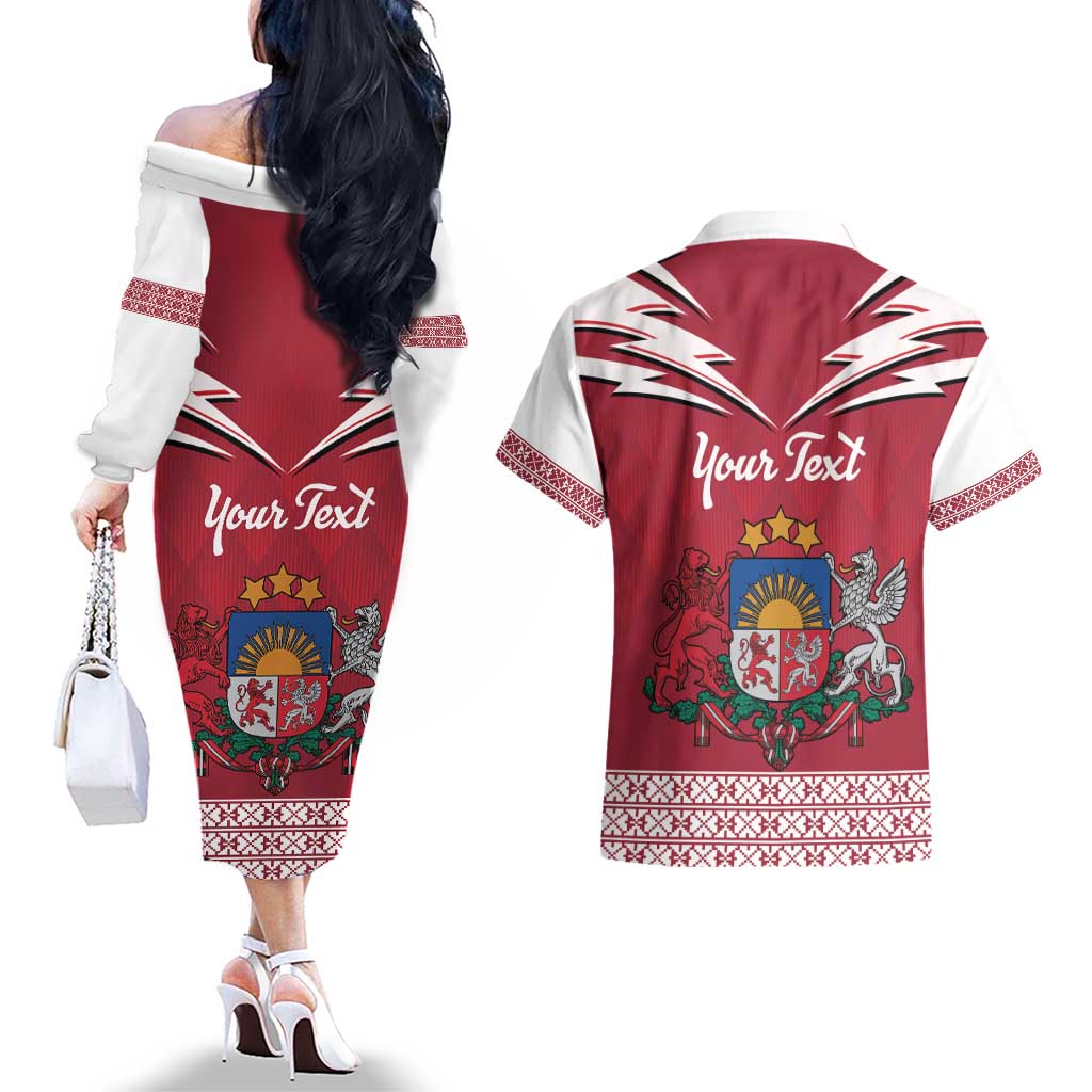 Personalized Latvia Couples Matching Off The Shoulder Long Sleeve Dress and Hawaiian Shirt Latvijas Republika Folk Pattern