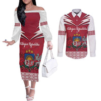 Personalized Latvia Couples Matching Off The Shoulder Long Sleeve Dress and Long Sleeve Button Shirt Latvijas Republika Folk Pattern
