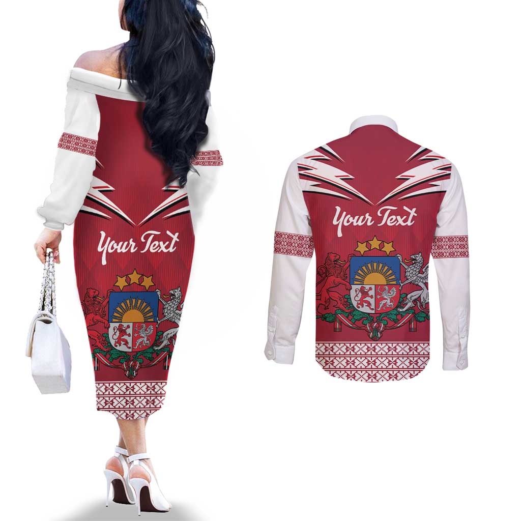Personalized Latvia Couples Matching Off The Shoulder Long Sleeve Dress and Long Sleeve Button Shirt Latvijas Republika Folk Pattern