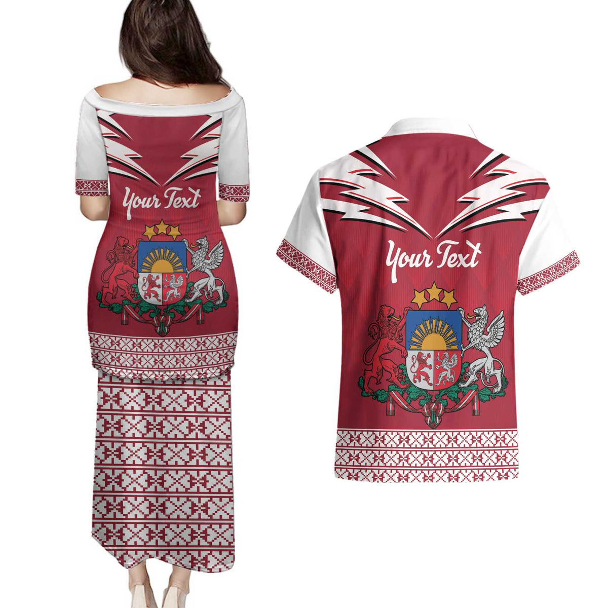 Personalized Latvia Couples Matching Puletasi and Hawaiian Shirt Latvijas Republika Folk Pattern