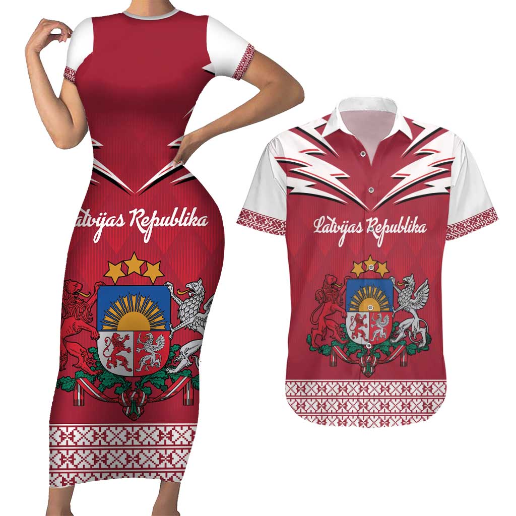 Personalized Latvia Couples Matching Short Sleeve Bodycon Dress and Hawaiian Shirt Latvijas Republika Folk Pattern