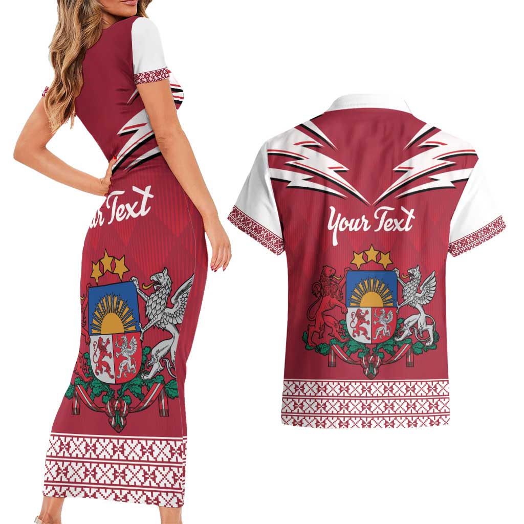 Personalized Latvia Couples Matching Short Sleeve Bodycon Dress and Hawaiian Shirt Latvijas Republika Folk Pattern