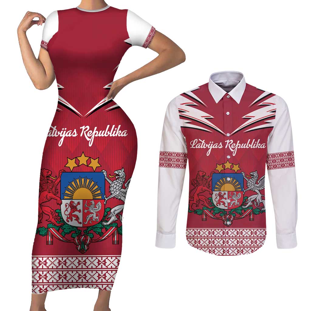 Personalized Latvia Couples Matching Short Sleeve Bodycon Dress and Long Sleeve Button Shirt Latvijas Republika Folk Pattern