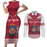 Personalized Latvia Couples Matching Short Sleeve Bodycon Dress and Long Sleeve Button Shirt Latvijas Republika Folk Pattern