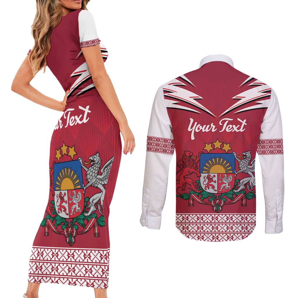 Personalized Latvia Couples Matching Short Sleeve Bodycon Dress and Long Sleeve Button Shirt Latvijas Republika Folk Pattern