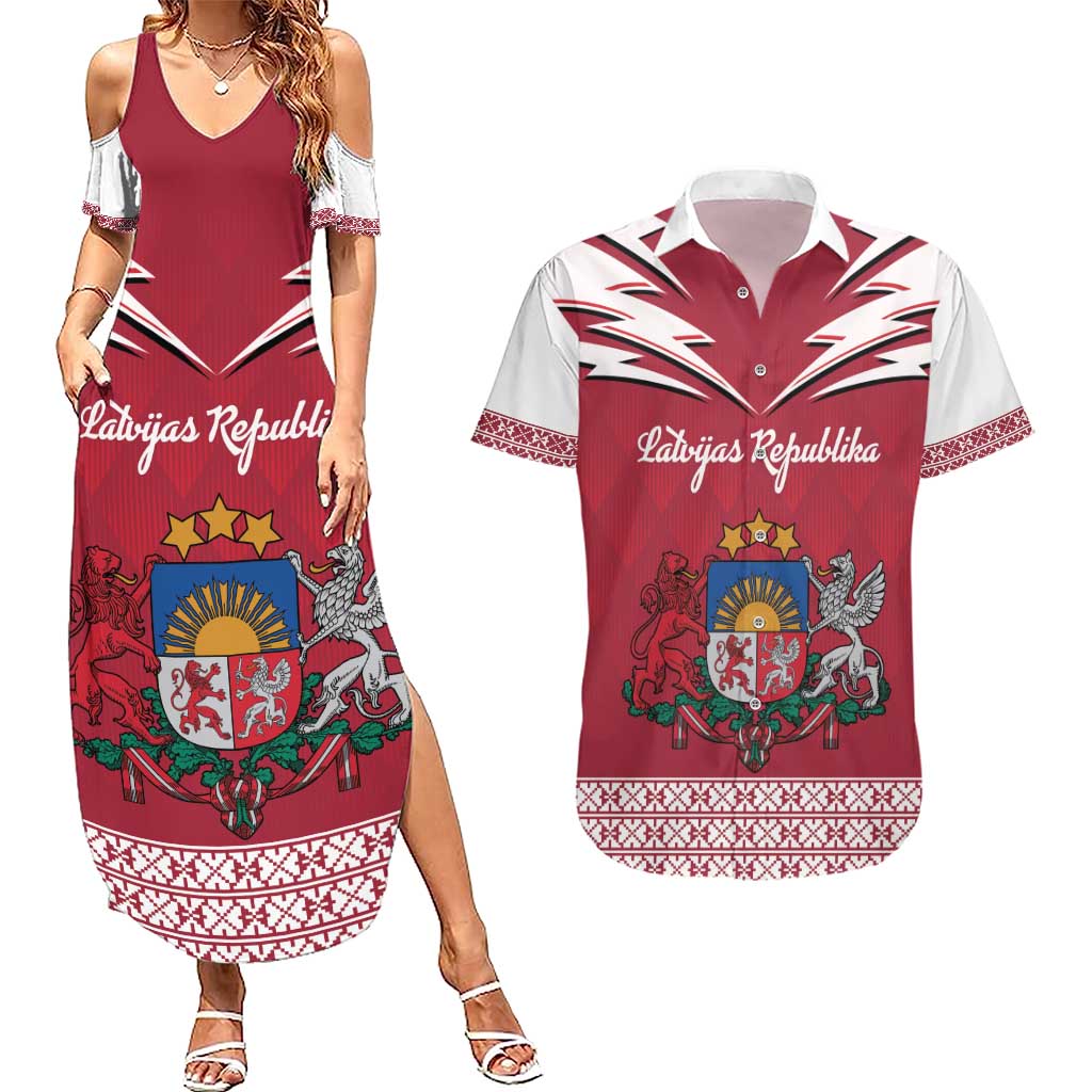 Personalized Latvia Couples Matching Summer Maxi Dress and Hawaiian Shirt Latvijas Republika Folk Pattern