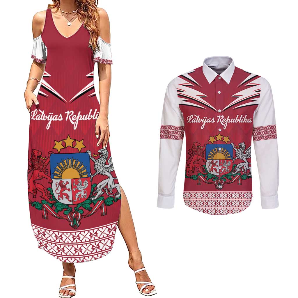 Personalized Latvia Couples Matching Summer Maxi Dress and Long Sleeve Button Shirt Latvijas Republika Folk Pattern