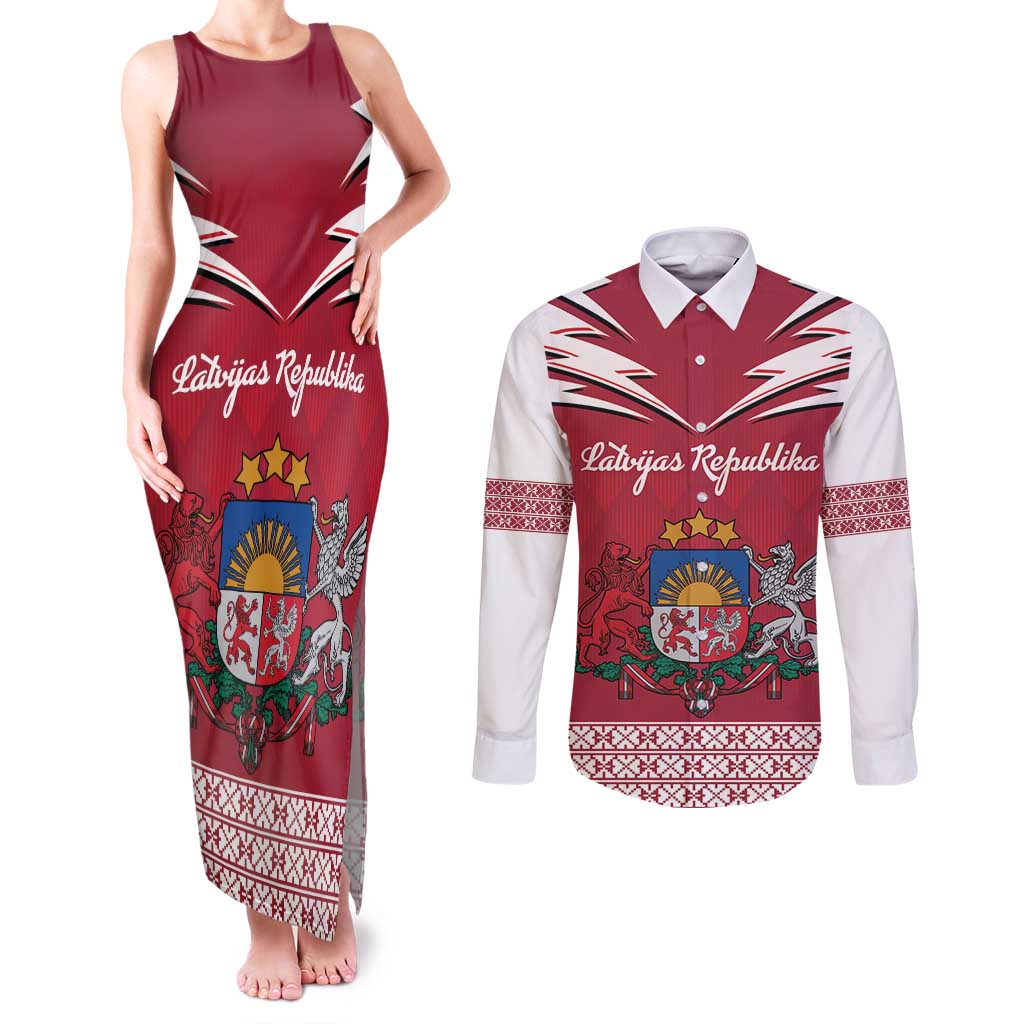 Personalized Latvia Couples Matching Tank Maxi Dress and Long Sleeve Button Shirt Latvijas Republika Folk Pattern