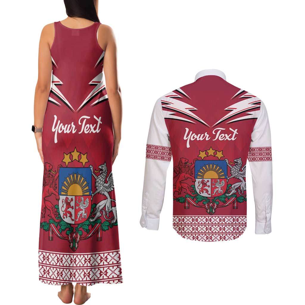 Personalized Latvia Couples Matching Tank Maxi Dress and Long Sleeve Button Shirt Latvijas Republika Folk Pattern