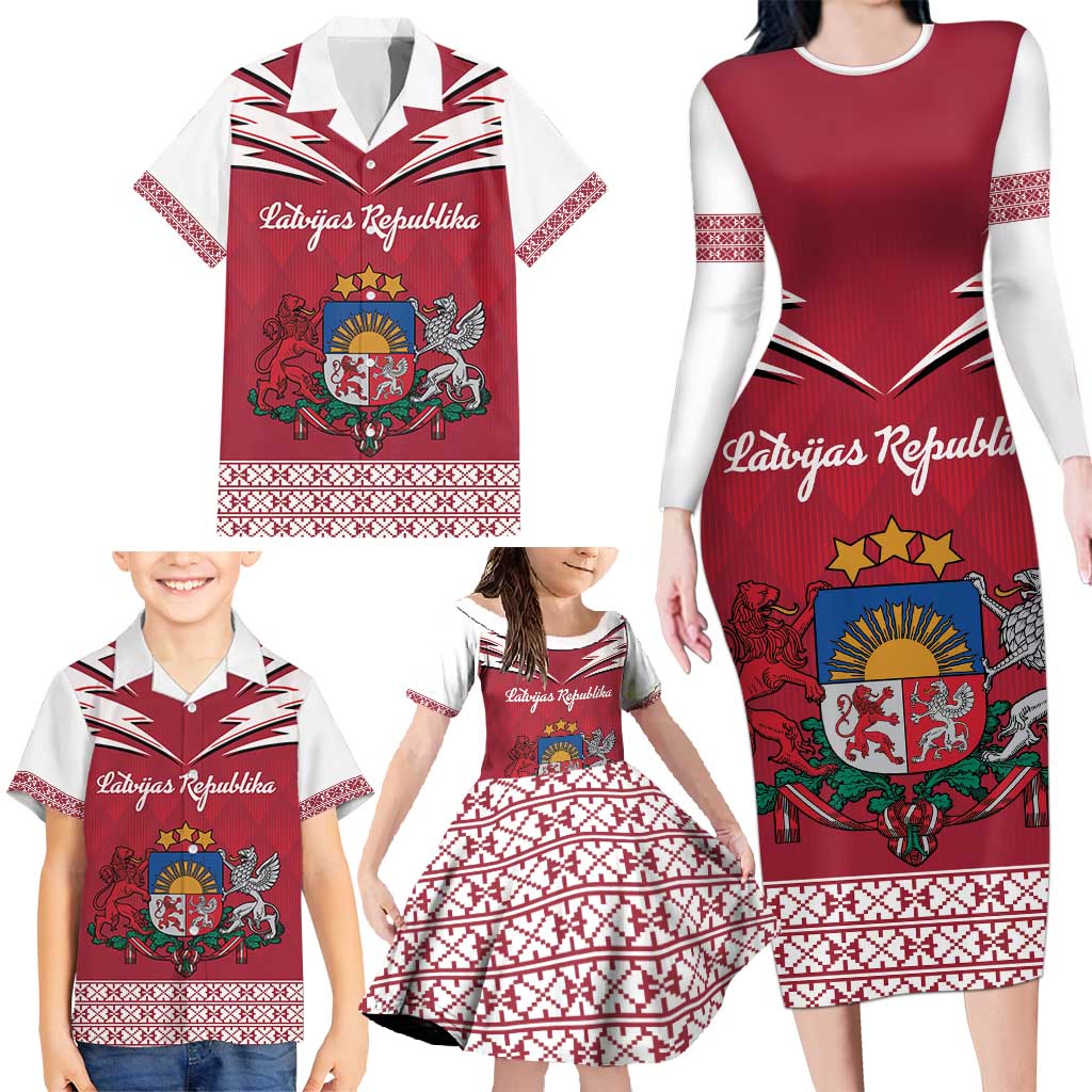 Personalized Latvia Family Matching Long Sleeve Bodycon Dress and Hawaiian Shirt Latvijas Republika Folk Pattern