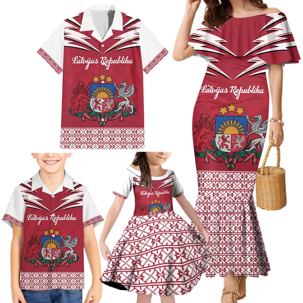 Personalized Latvia Family Matching Mermaid Dress and Hawaiian Shirt Latvijas Republika Folk Pattern