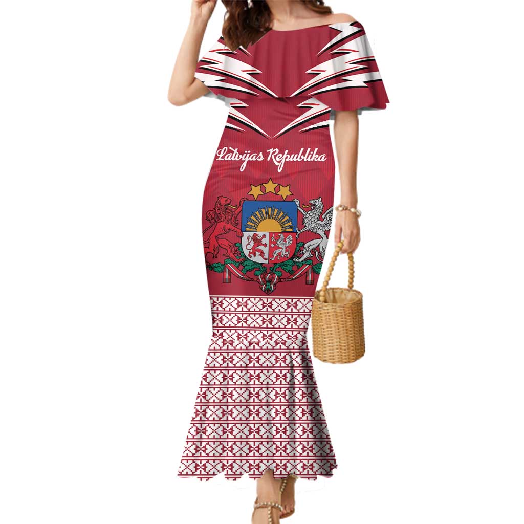 Personalized Latvia Family Matching Mermaid Dress and Hawaiian Shirt Latvijas Republika Folk Pattern