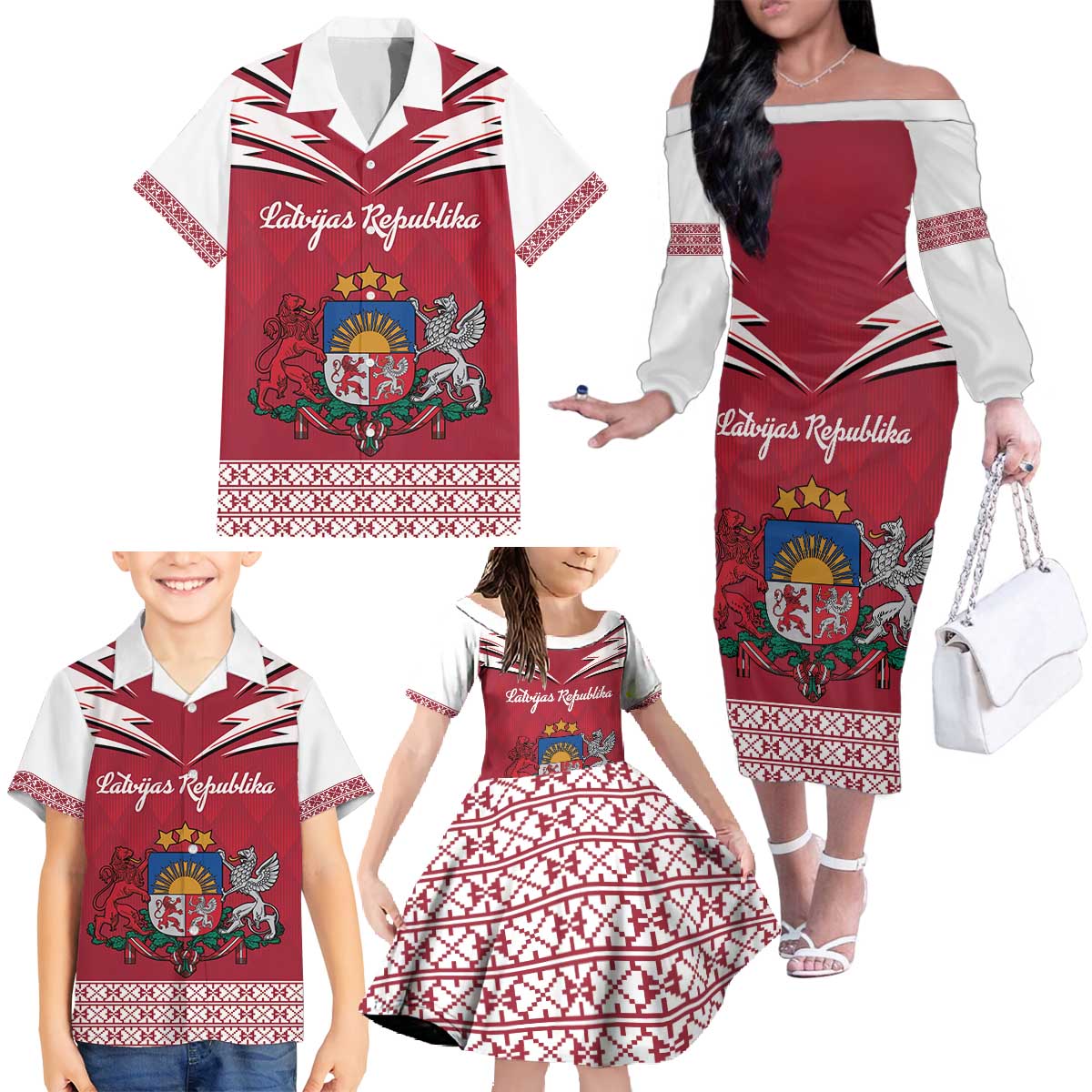 Personalized Latvia Family Matching Off The Shoulder Long Sleeve Dress and Hawaiian Shirt Latvijas Republika Folk Pattern