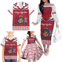 Personalized Latvia Family Matching Off The Shoulder Long Sleeve Dress and Hawaiian Shirt Latvijas Republika Folk Pattern