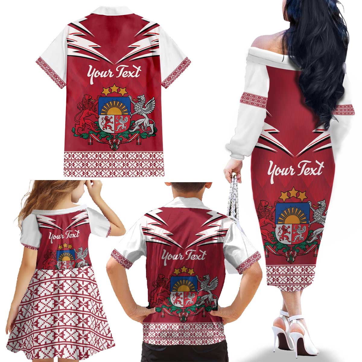 Personalized Latvia Family Matching Off The Shoulder Long Sleeve Dress and Hawaiian Shirt Latvijas Republika Folk Pattern