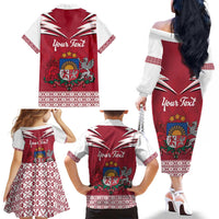 Personalized Latvia Family Matching Off The Shoulder Long Sleeve Dress and Hawaiian Shirt Latvijas Republika Folk Pattern