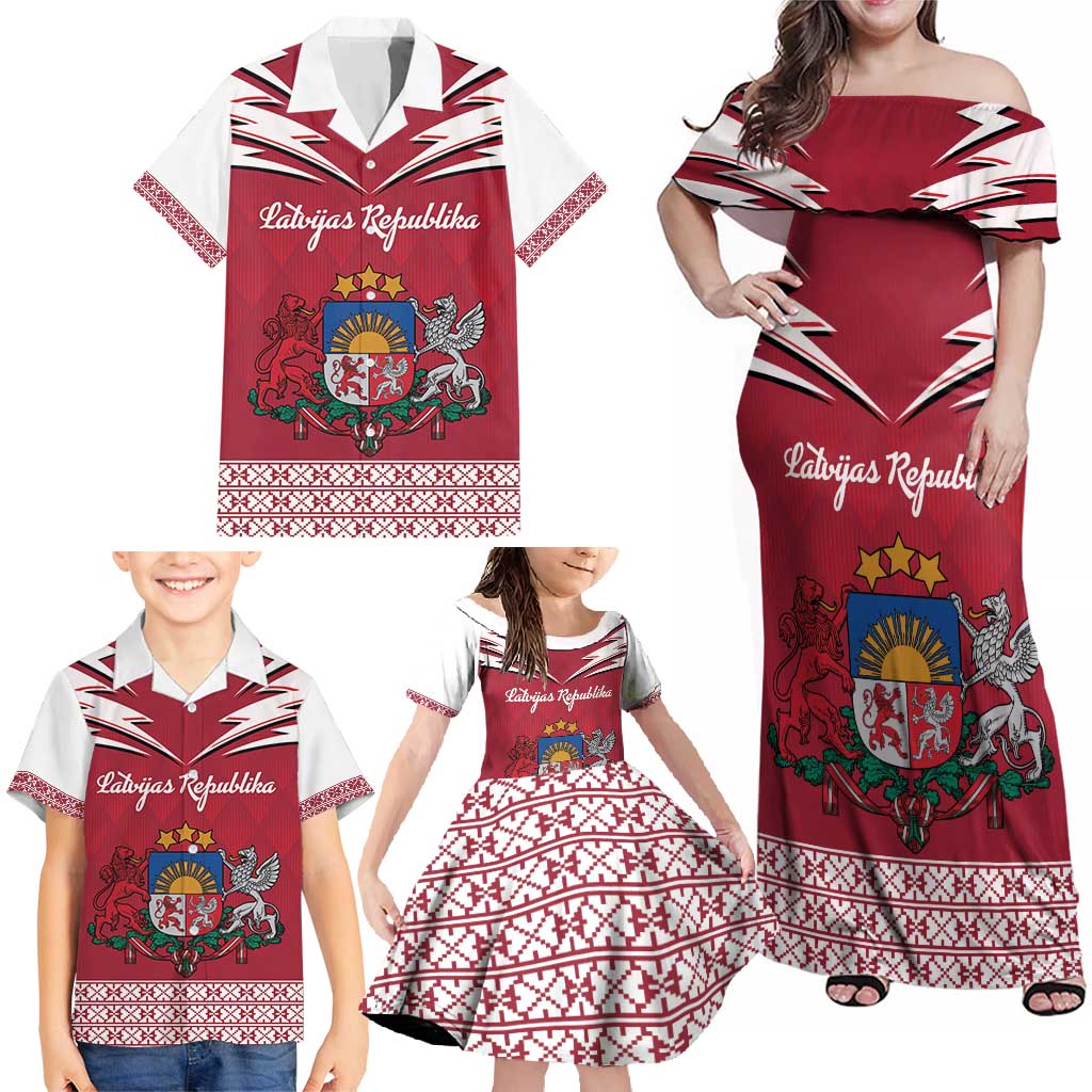 Personalized Latvia Family Matching Off Shoulder Maxi Dress and Hawaiian Shirt Latvijas Republika Folk Pattern