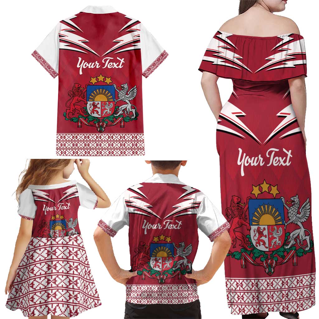 Personalized Latvia Family Matching Off Shoulder Maxi Dress and Hawaiian Shirt Latvijas Republika Folk Pattern