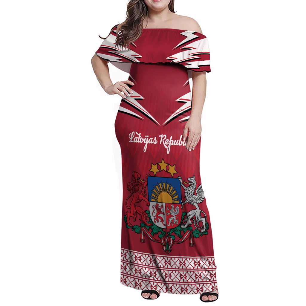 Personalized Latvia Family Matching Off Shoulder Maxi Dress and Hawaiian Shirt Latvijas Republika Folk Pattern