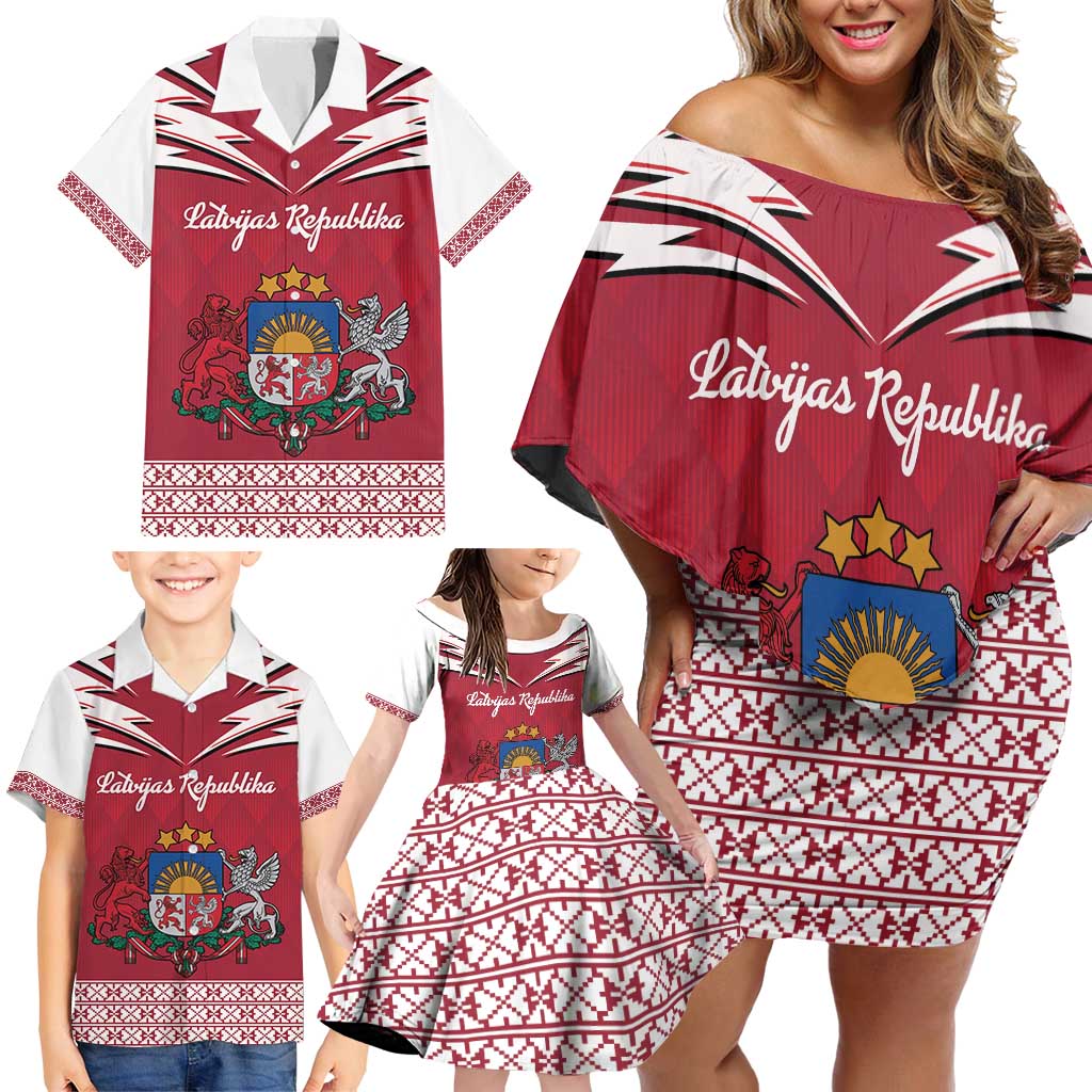 Personalized Latvia Family Matching Off Shoulder Short Dress and Hawaiian Shirt Latvijas Republika Folk Pattern