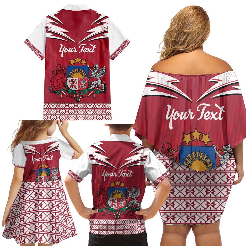 Personalized Latvia Family Matching Off Shoulder Short Dress and Hawaiian Shirt Latvijas Republika Folk Pattern