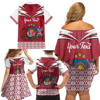 Personalized Latvia Family Matching Off Shoulder Short Dress and Hawaiian Shirt Latvijas Republika Folk Pattern