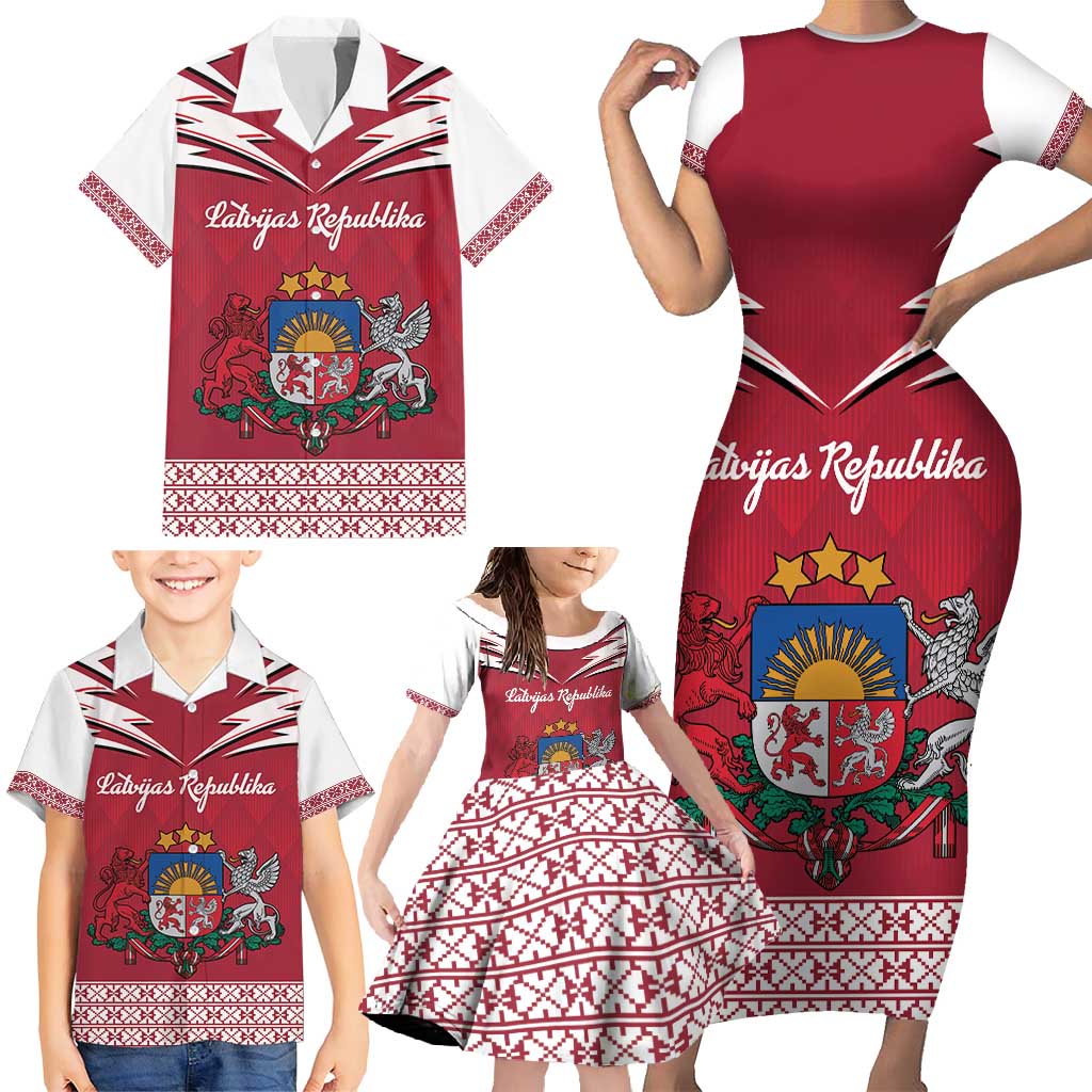 Personalized Latvia Family Matching Short Sleeve Bodycon Dress and Hawaiian Shirt Latvijas Republika Folk Pattern
