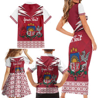 Personalized Latvia Family Matching Short Sleeve Bodycon Dress and Hawaiian Shirt Latvijas Republika Folk Pattern