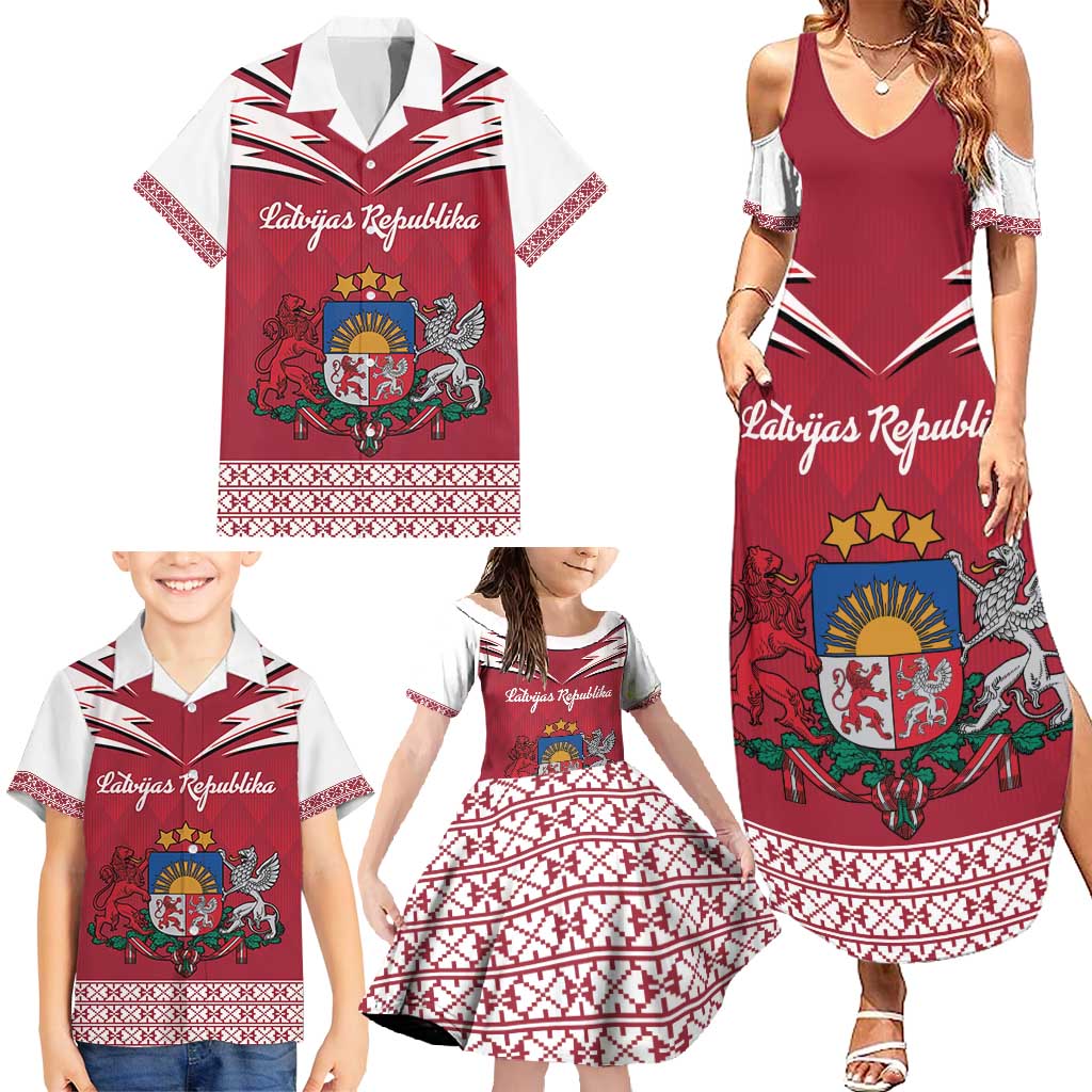 Personalized Latvia Family Matching Summer Maxi Dress and Hawaiian Shirt Latvijas Republika Folk Pattern