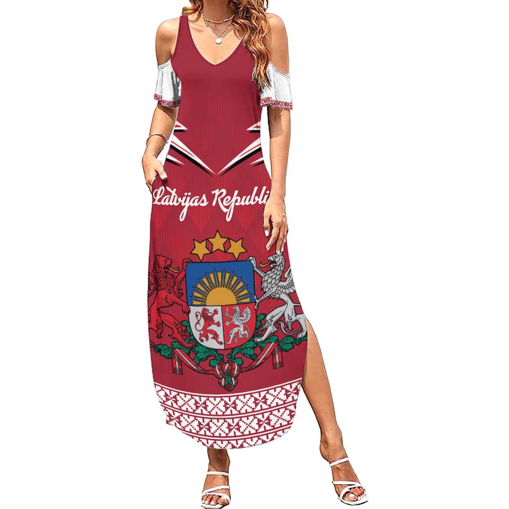 Personalized Latvia Family Matching Summer Maxi Dress and Hawaiian Shirt Latvijas Republika Folk Pattern